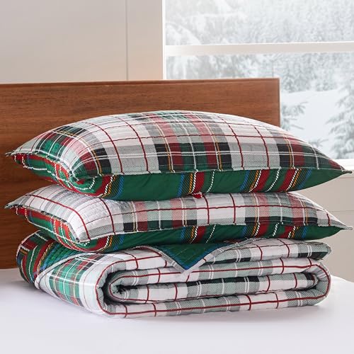 Spencer Plaid Full Bedspread - Reversible Cotton - 90x106in - Green Red White