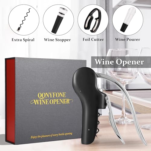 QONYFONE Black Vertical Lever Wine Corkscrew Set - 5-Piece with Foil Cutter & Stopper