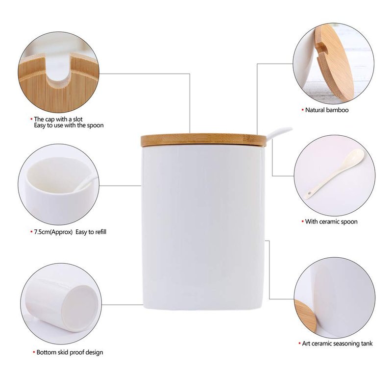 Lucky Goddness Ceramic Sugar Bowls with Bamboo Lids and Spoons-June Sky Muti-Functional Round Condiment Jar for Home- Spice Storage Canister,10.8 oz 320 ML,3 Pcs Set