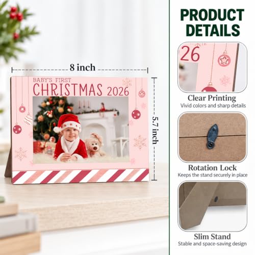 CBFEBCBST First Christmas-2 Pink Baby's First Christmas 2026 Picture Frame, 4x6 Easel-Back