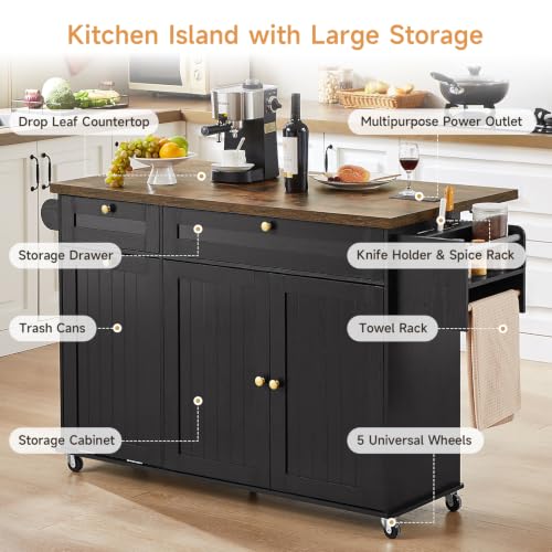 Rolling Kitchen Island Cart with Drop Leaf, Power Outlet & Trash Can Storage