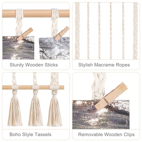 Macrame Wall Hanging Photo Display with LED String Lights & 30 Clips