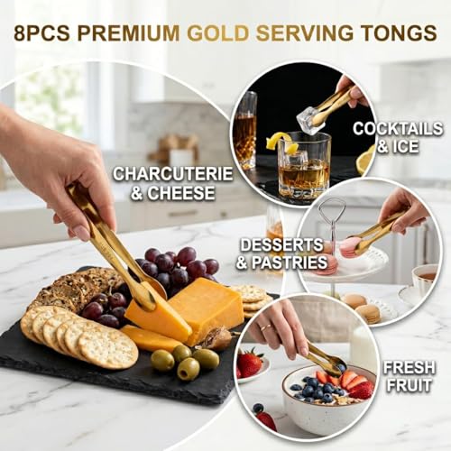 Gold Mini Serving Tongs 8 Pack - Small Stainless Steel Appetizer & Dessert Tongs