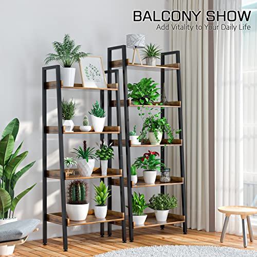 5-Tier Industrial Ladder Shelf - 67 Inch Tall Wooden Open Bookcase