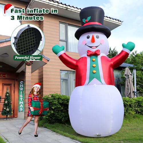 FunFanso 12 Ft Christmas Inflatable Snowman with LED Lights, Wear Hat & Red Suit – Giant Outdoor Decor