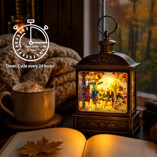 Fall Harvest Snow Globe Lantern with LED Glitter and Timer