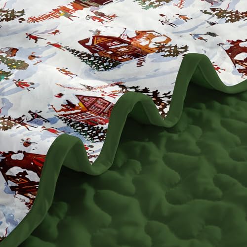 Yiran Red Cottage Christmas Quilt Set Queen Size with Deer Snowman Village, 104x90 inches