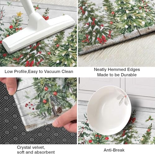 Twyt Decor Christmas Tree Holly Kitchen Rugs Set of 2 - 17x47 & 17x30 Non-Slip, Wood Grain Winter Decor (Variation: Christmas Tree)