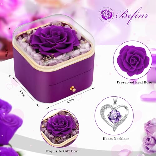 Preserved Real Purple Rose with Heart Necklace Jewelry Box Gift Set
