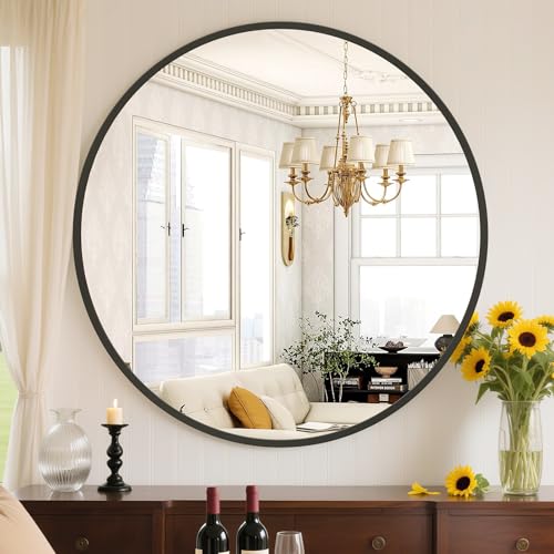 24-Inch Round Wall Mirror, Brushed Black Aluminum Frame Bathroom Vanity Mirror