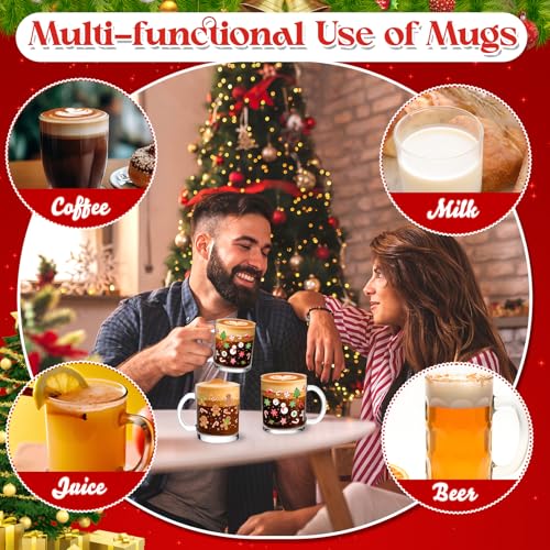 Vesici 12 Set Christmas Glass Mugs 12oz Classic with Handle - Festive Holiday Drinkware