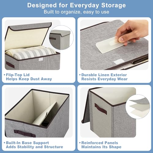 Collapsible Storage Bins with Lids 3-Pack Large Fabric Linen Boxes Gray
