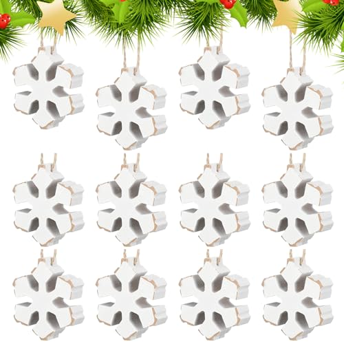Soaoo 12 Pcs Rustic Wooden Snowflake Ornaments - 2.4 Inch Holiday Decor with Rope