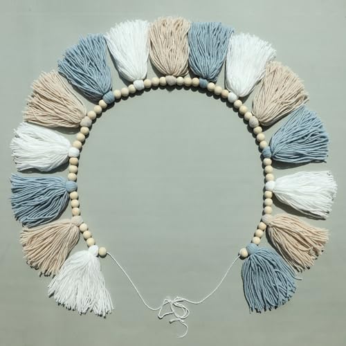Boho Blue Tassel Garland with Wood Beads for Nursery and Home Decor