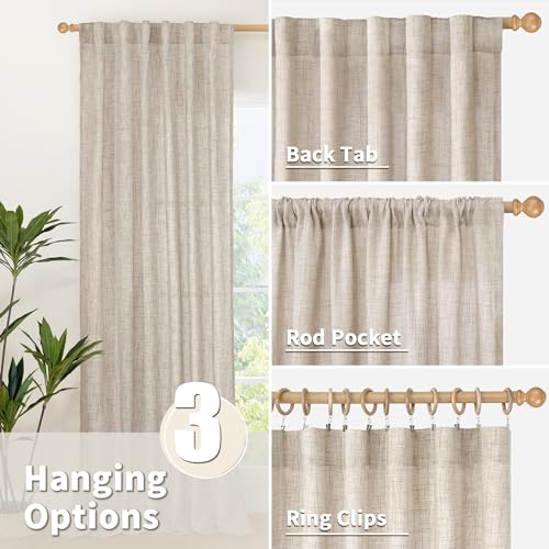 Beige Linen Light Filtering Semi Sheer Curtains - 52x72 Inch, 2 Panels