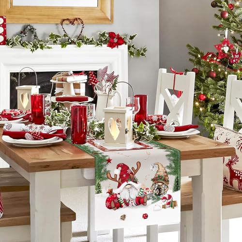 Bonhause Christmas Gnomes Table Runner 13x72 Inch with Pine Branches – Seasonal Holiday Kitchen Decor