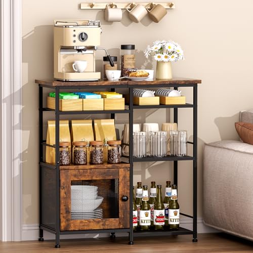 Rustic Farmhouse Coffee Bar Cabinet with Storage and Mesh Shelf