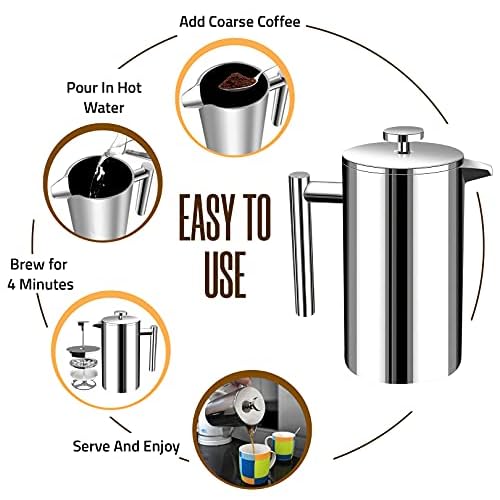 Utopia Kitchen 304 Grade Stainless Steel French Press Coffee Maker 12 Oz, Double Wall Insulated Coffee Press with 4-Level Filtration system, Include 2 Extra Filters, Rust-Free, Dishwasher Safe, Silver