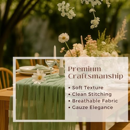 Sage Green 6-Pack 10ft Cheesecloth Table Runners Set – 6 x 120in Rustic Gauze for Weddings & Events