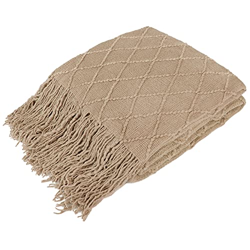 Tan Taupe Knit Throw Blanket with Fringe Tassel, 50x60 Inch Soft Boho Throw