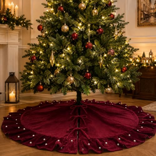 AtiMing 150 cm Red Velvet Christmas Tree Skirt with Ruffled Edge and Pearls (Red with Small Pearls) 60-inch