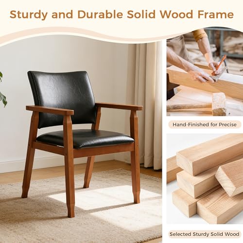 Mid-Century Modern Dining Chair with Armrest, Walnut Wood & PU Leather