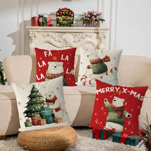 Christmas Polar Bear Pillow Covers Set of 4 18x18 Inches Holiday Home Decor