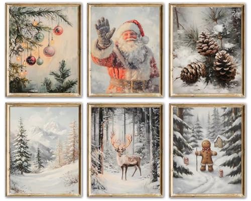 WINDVALE Santa & Reindeer Print Set – 6x8x10 Rustic Christmas Wall Art 8x10, Unframed