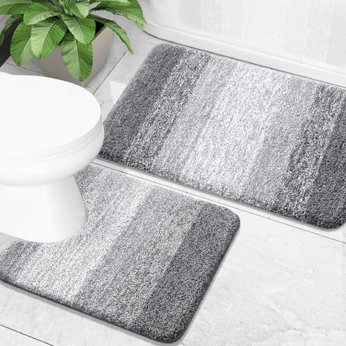 OLANLY 2-Piece Microfiber Bathroom Rug Set - Grey Shaggy Non-Slip Bath Mat and U-Shaped Contour Toilet Rug