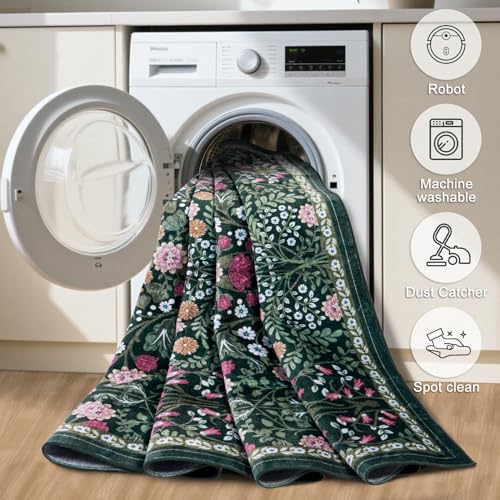 8x10 Washable Vintage Floral Area Rug - Non-Slip Dark Green Carpet