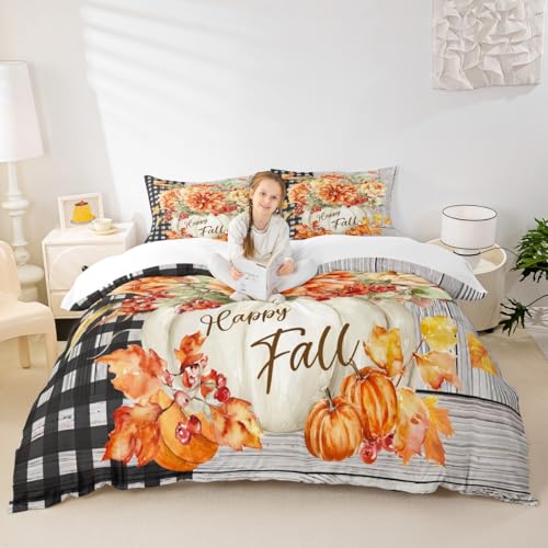 Fall Pumpkin Harvest Duvet Cover Set, Rustic Farmhouse Queen Bedding