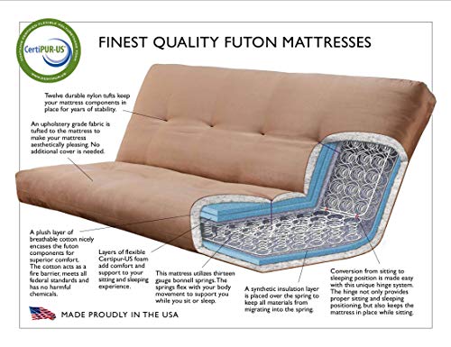 Full Size Futon Sofa Bed with Mocha Hardwood Frame and 7-Inch Mattress