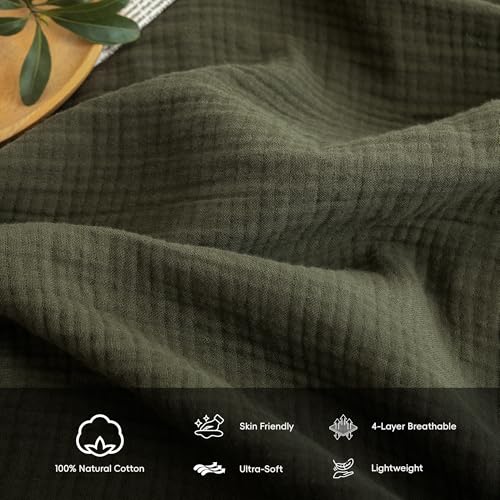 FOSSA 4-Layer Cotton Muslin Blanket Twin XL Olive Green 66x90 inches