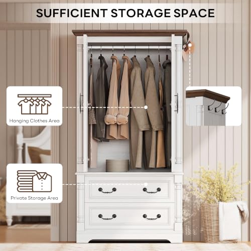 70-Inch Farmhouse Wardrobe Armoire with 2 Drawers and Hanging Rod, White