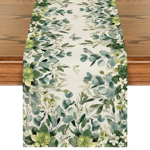 Green Floral Eucalyptus Summer Table Runner 13x72 Inches for Kitchen Dining
