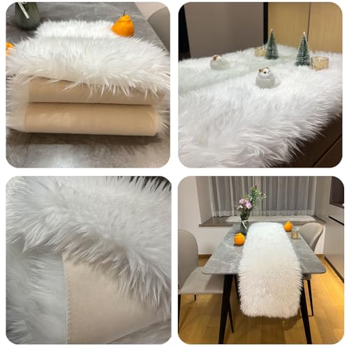 White Faux Fur Table Runner 12x48 Inch Christmas Decor - KERTFGOKU