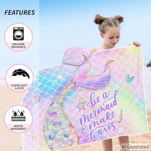Girls' Mermaid Hooded Beach Towel - Quick-Dry Microfiber Poncho, 30" x 50"