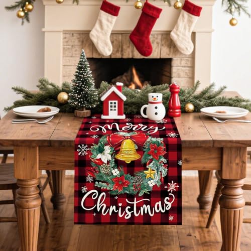 Artscope Buffalo Plaid Red Wreath Christmas Table Runner 13x48 Inch Holiday Decor