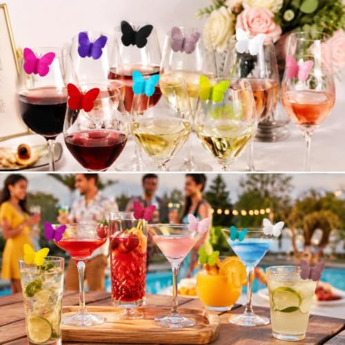 Outus Butterfly Wine Glass Markers Set – 20 Silicone Drink Charms with Suction Cups for Parties