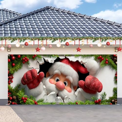 ANNA QUEEN 7x16FT Christmas Garage Door Cover Santa Claus Breaking Through Wall