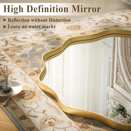 30-Inch Gold Scalloped Round Wall Mirror, Wavy Edge Decorative Metal Mirror