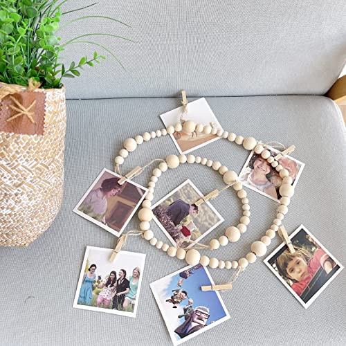 4-Foot Boho Wooden Bead Photo Display Garland with 7 Clips