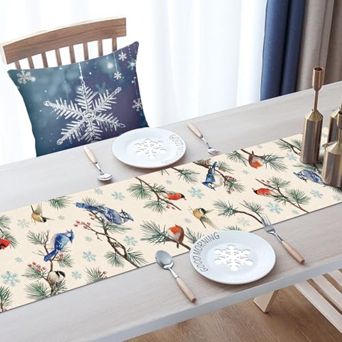 Croar Winter Birds Table Runner 13x72 Inch, Cardinal Blue Jay Robin Chickadee Decor