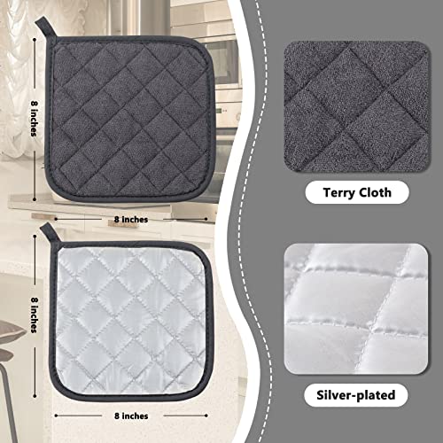 Heat Resistant Pot Holders Set of 4 - Grey Quilted Hot Pads for Kitchen