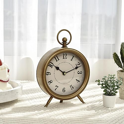 Vintage Table Clock with Stand, Antique Gold Metal Mantel Clock