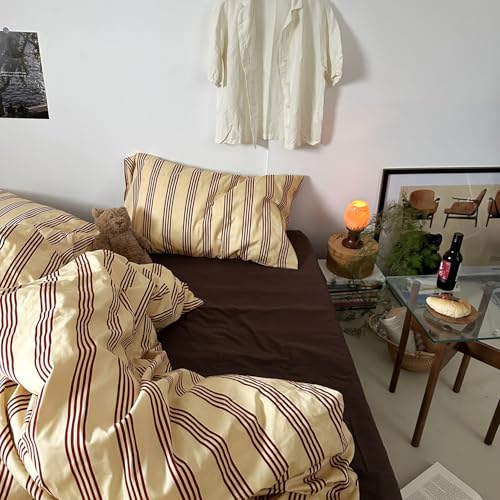 Retro Striped Cotton Duvet Cover Set Queen - 3-Piece Vintage Red Bedding