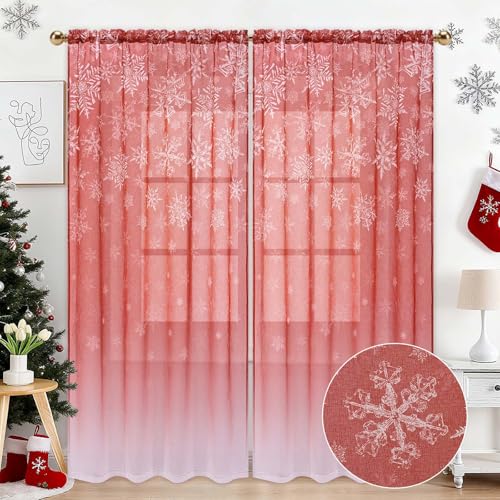 Yinhua Red Snowflake Christmas Sheer Curtains Set 52x84 Inches, 2 Panels