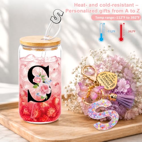 SHXWELL S Monogrammed 16oz Glass Coffee Tumbler with Lid & Straw - Personalized Gift for Women S