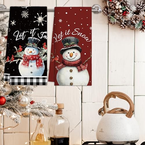 Ogleqoo Christmas Snowman Kitchen Towels Set of 2 – Black & Red Buffalo Plaid, Absorbent Cotton-Linen