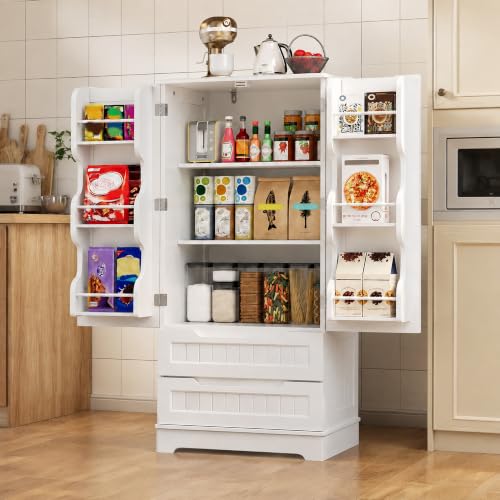 Gizoon 47-Inch White Pantry Cabinet with 2 Drawers & 6 Shelves for Small Spaces